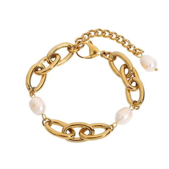 18K Gold Plated Chunky Link Chain Bracelet*Freshwater Pearls Bracelet*JD - Picture 1 of 6